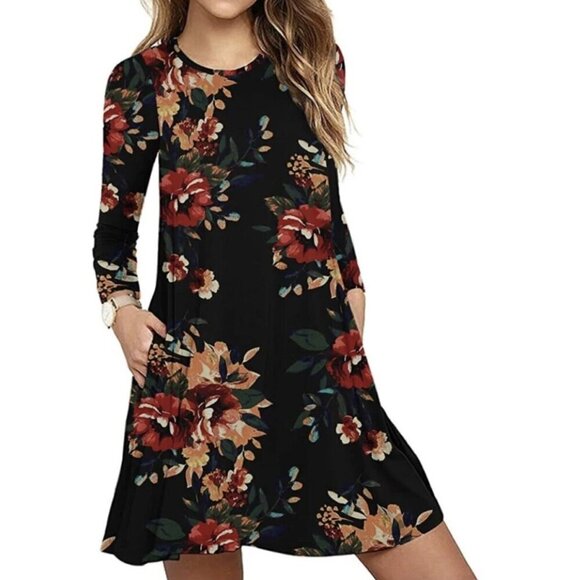 Boutique Sweet Pea Black Colorful Floral Long Sleeve Swing Mini Dress L - Picture 1 of 4